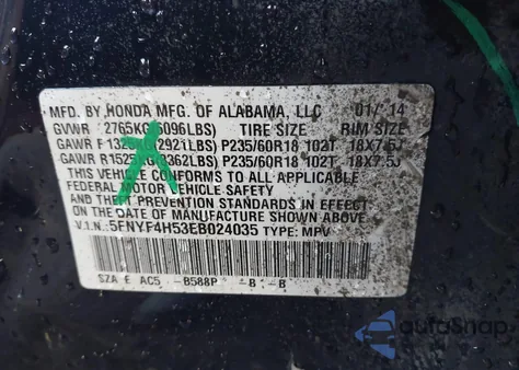 2014 Honda Pilot Ex-L from USA, damaged, VIN 5FNYF4H53EB024035